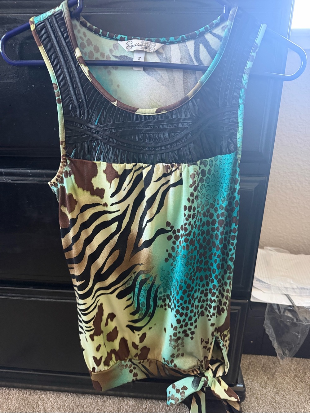 Teal and Brown Animal Print Sleeveless Tank with Tie Hem